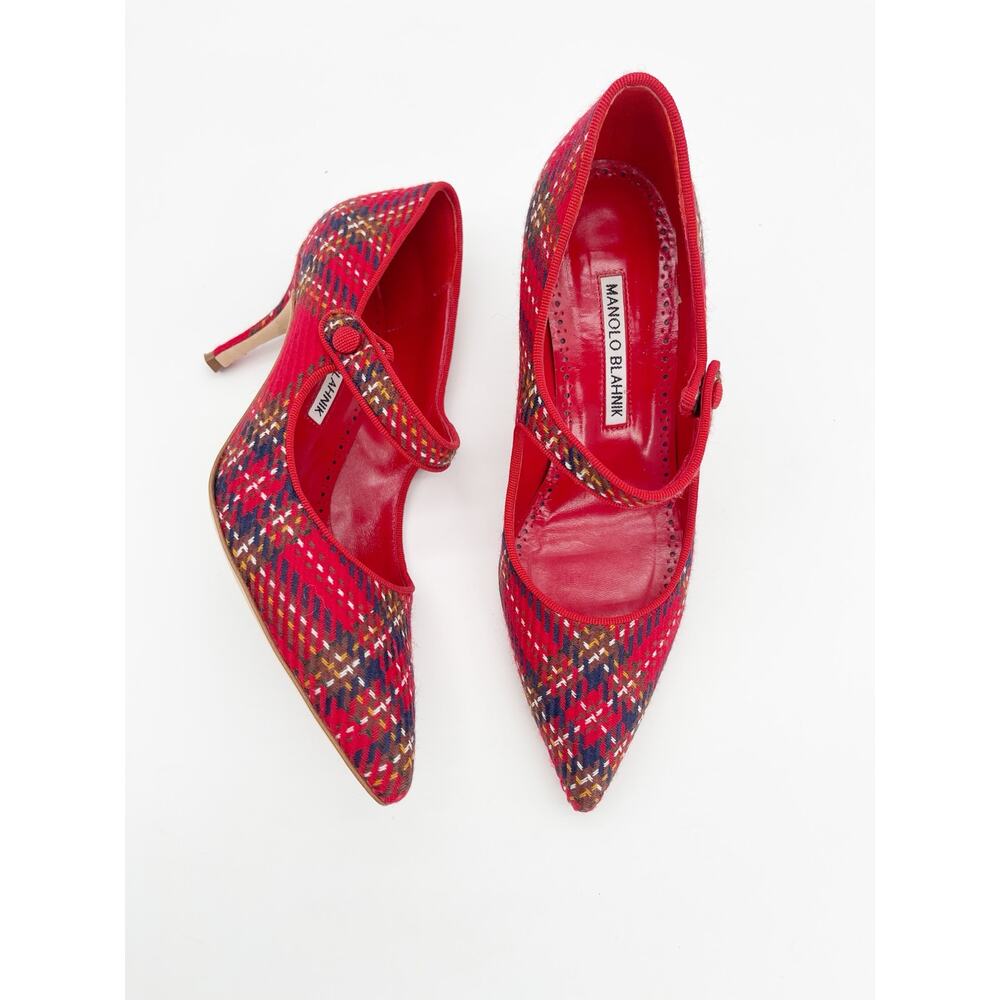 Manolo Blahnik Camparinew Red Plaid Wool Mary Jane Pointed Toe Heels IT 36.5